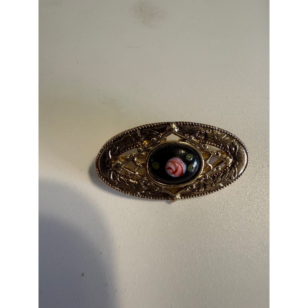 Vintage Gold Tone Oval Brooch Black Cabochon Pink Rose Filigree Pin Victorian